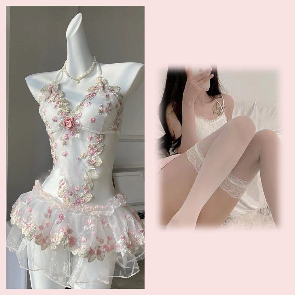 تنورة لانجري مثيرة مطرزة طقم ملابس نوم مثير زي فتاة لطيف